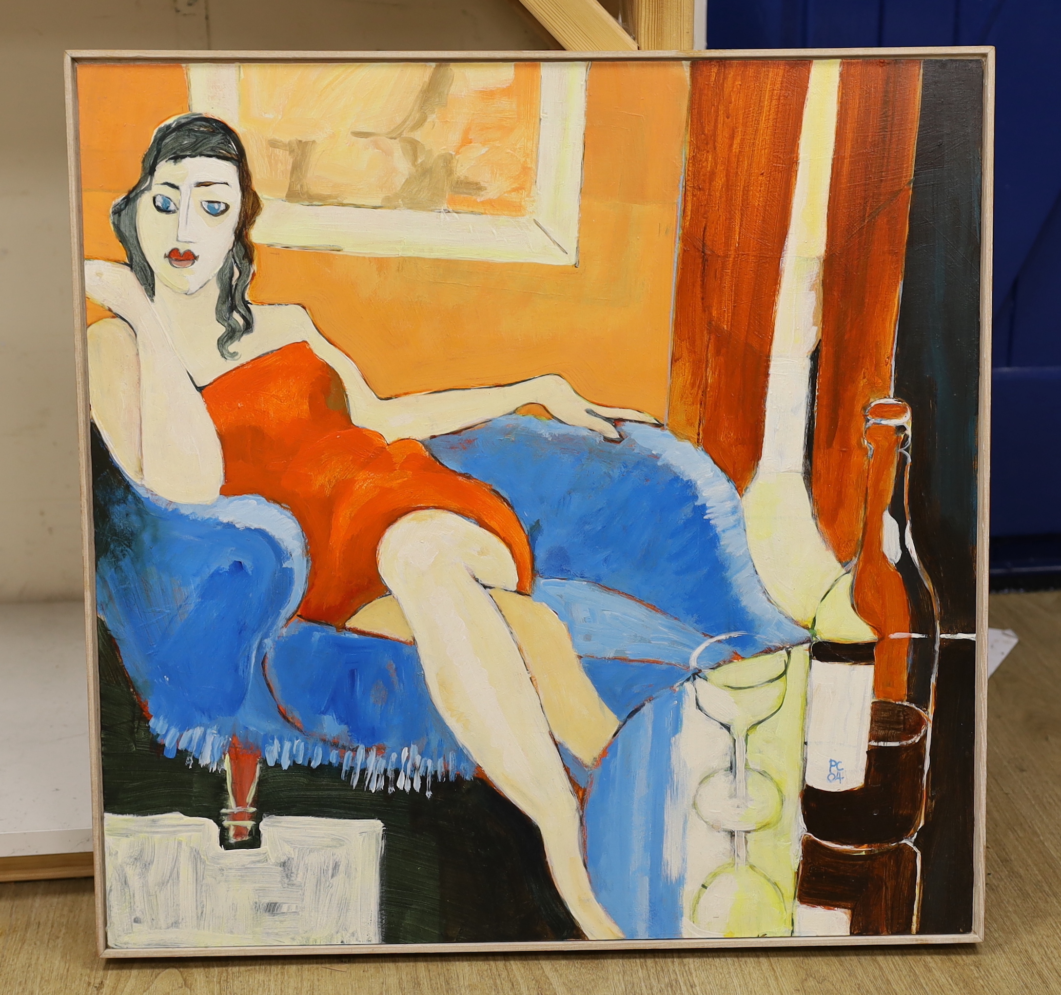 Peter Cheek (Contemporary) oil on board, study of a seated lady, ‘Further than beyond’ initialled and dated 2004, 69 x 69cm